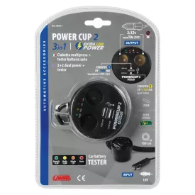   Lampa, Power Cup 2, Szivargyújtó Elosztó 2-es, 2 USB-vel és akkumulátortesztelővel, 12V