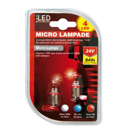 Lampa, 24V BA9S 4 LED, PIROS SZÍNŰ - PÁRBAN