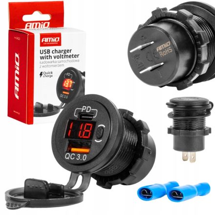 Amio, Usb és Usb-C Aljzat Voltmérővel, Beépíthető, Vízálló, 12/24V