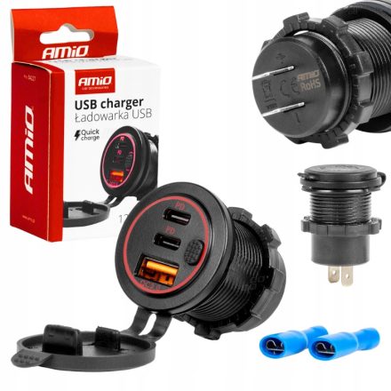 Amio, Usb és Dupla Usb-C Aljzat, Beépíthető, Vízálló, 12/24V