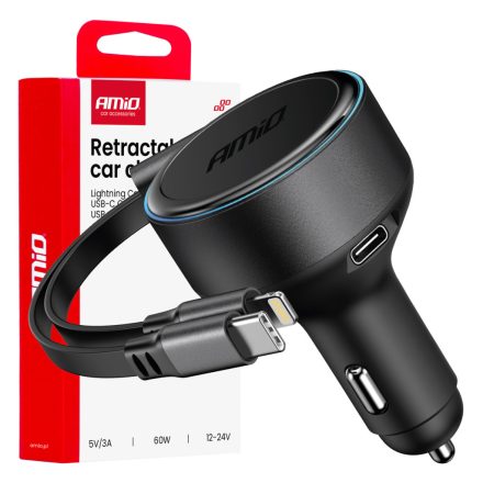 Amio, Szivargyújtó Töltő Usb-C - Lightning, Behuzható, 60W 12/24V