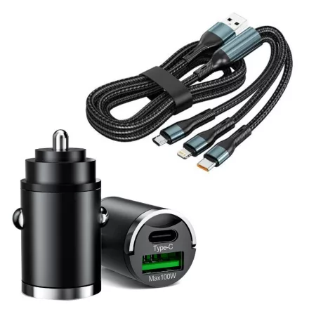 Autós gyorstöltő + 3in1 gyorstöltő kábel - 2 portos - 12/24V