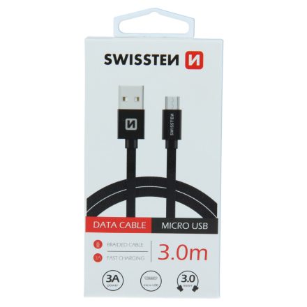 Swissten Adat- és Töltőkábel Textil Bevonattal, USB/mikro USB, 3 m, Fekete